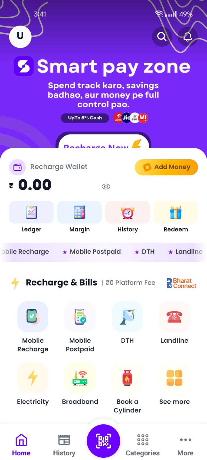 Smart Pay Zone app home screen showing recharge and bill payment options